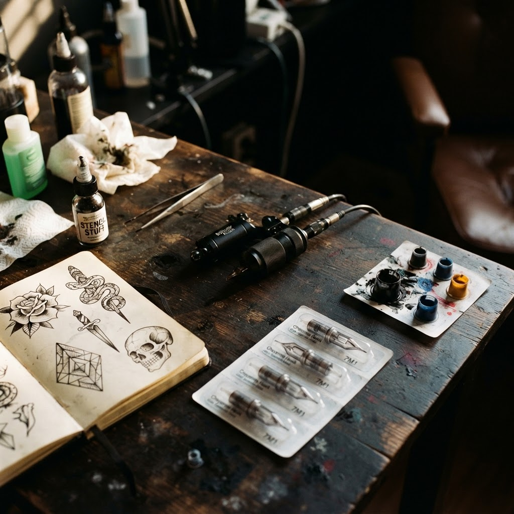 Close-up of tattoo artist tools including a tattoo machine, ink caps and flash art sketches