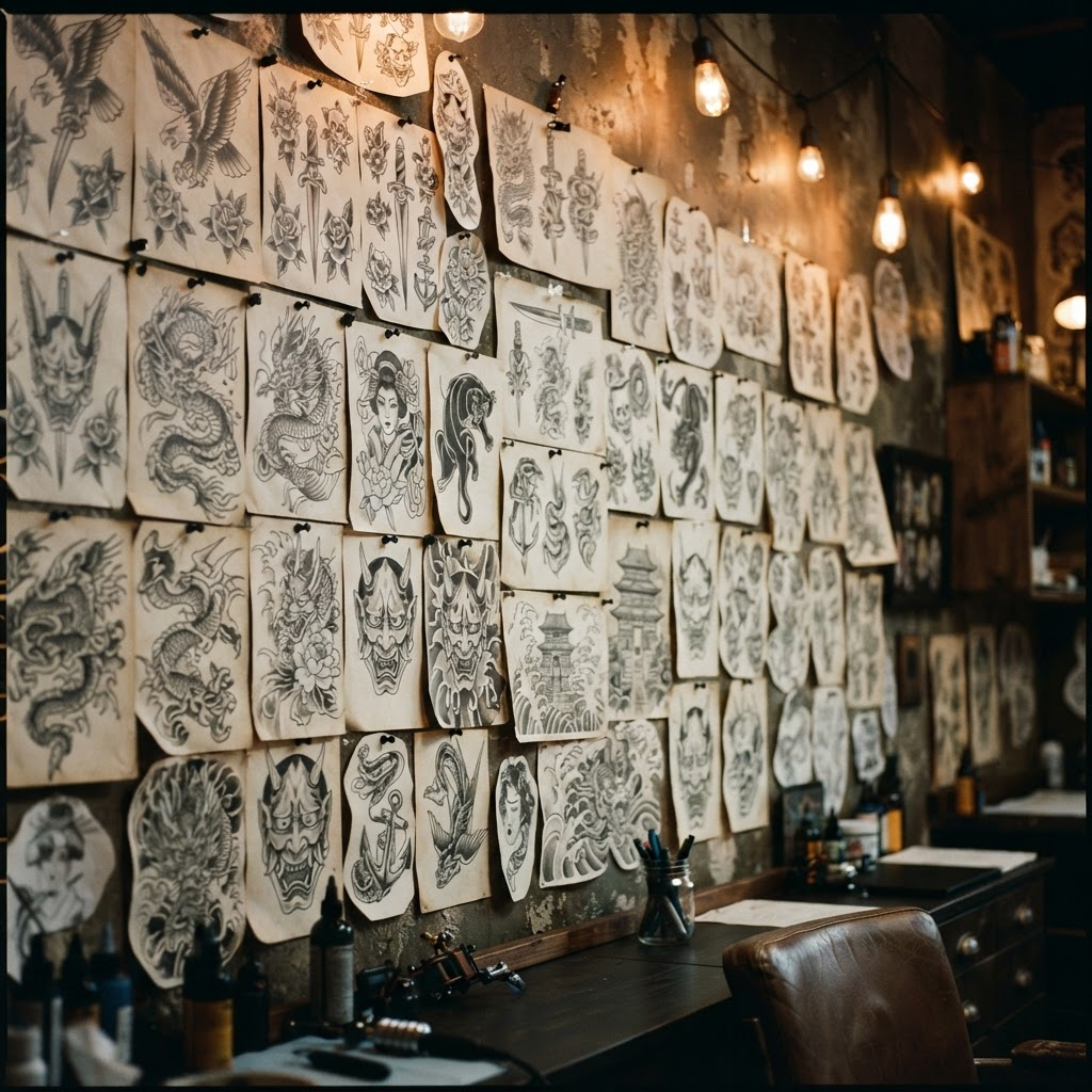 Wall of hand-drawn tattoo flash art sketches in black and grey and Japanese style